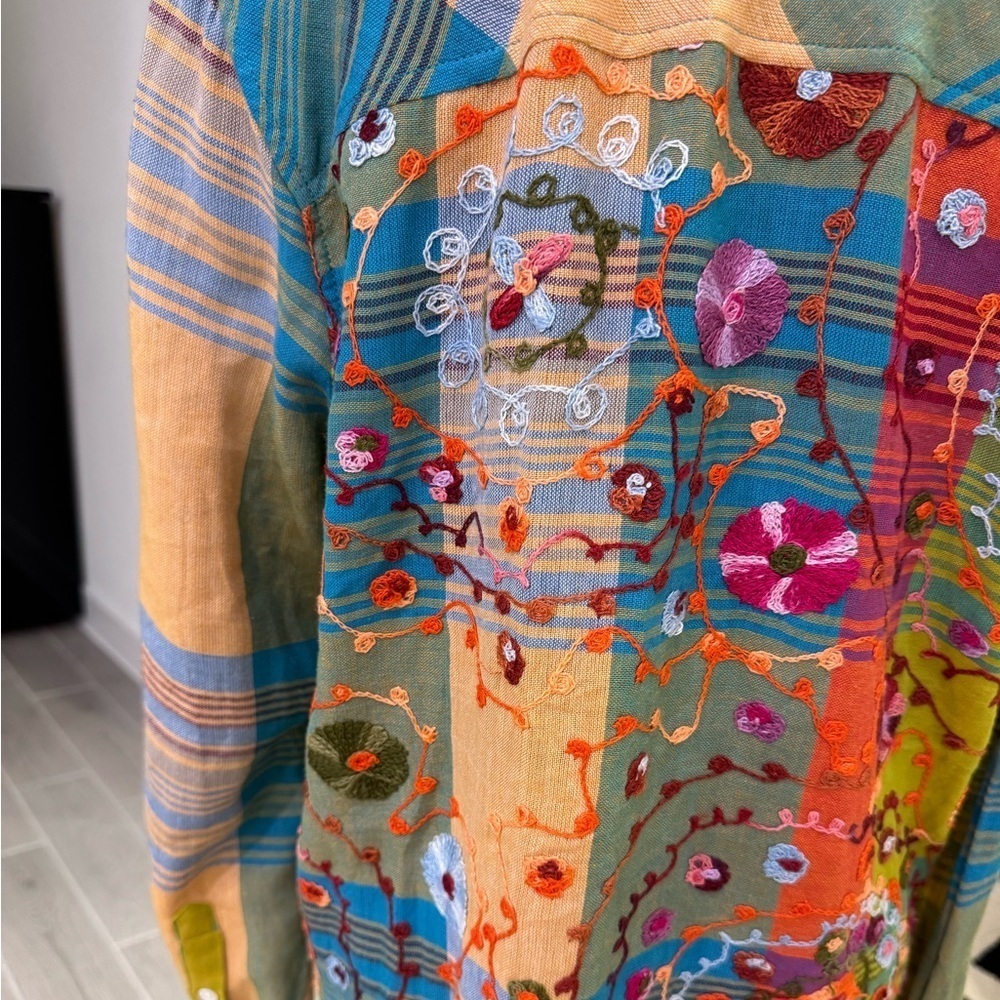 SOFT SURROUNDINGS Spring Summer Bright Heavily Embroidered Plaid Linen Blend - Picture 4 of 8